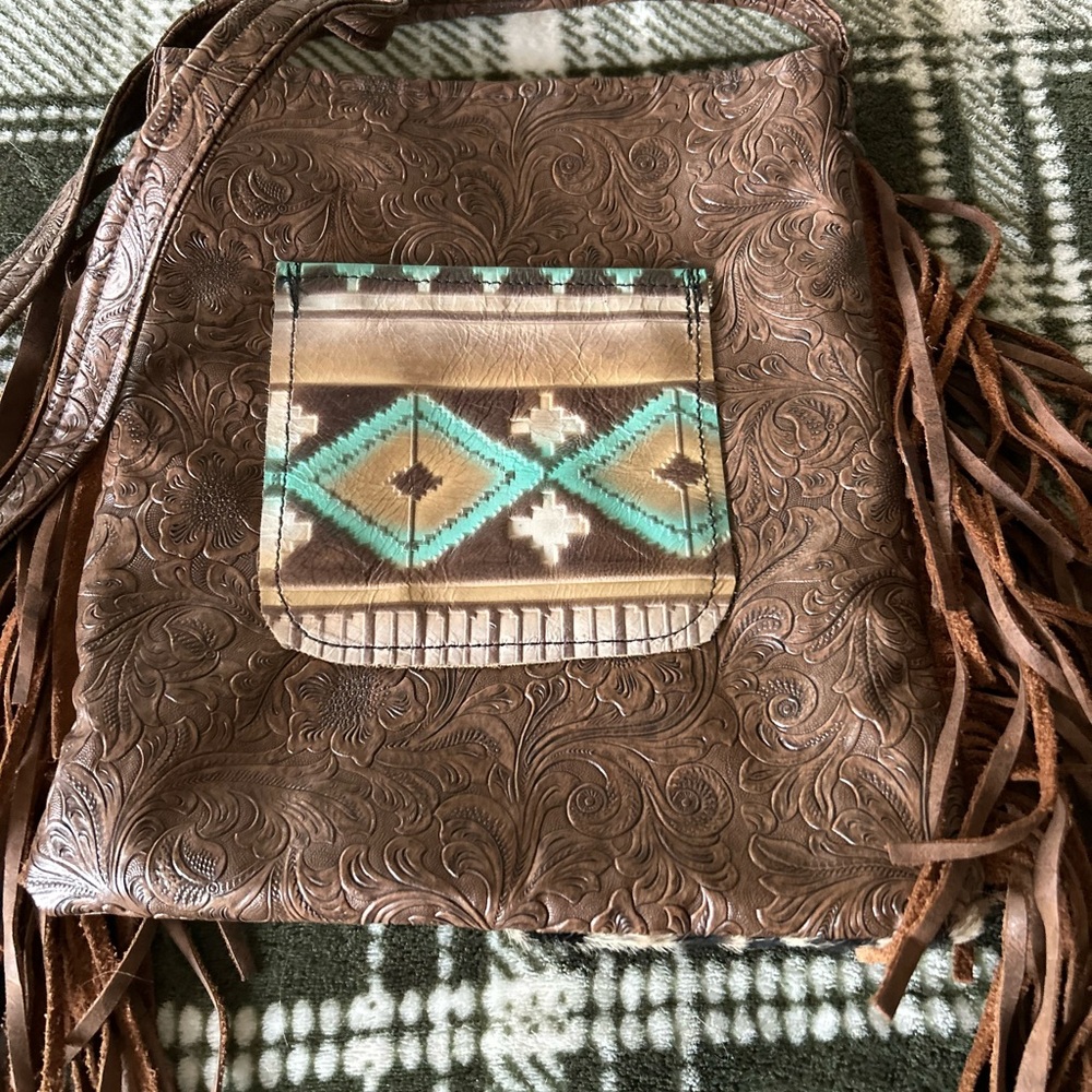 Embossed Leather Shoulder Bag with Fringe